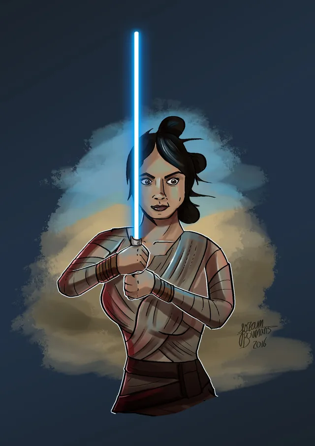 Rey with a lightsaber