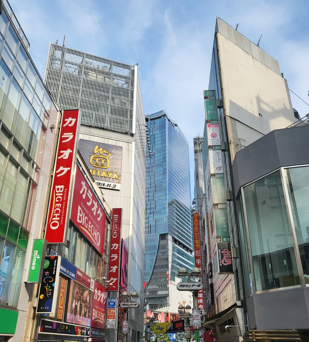 Tall buildings and red karaoke signs in a shopping street in Tokyo