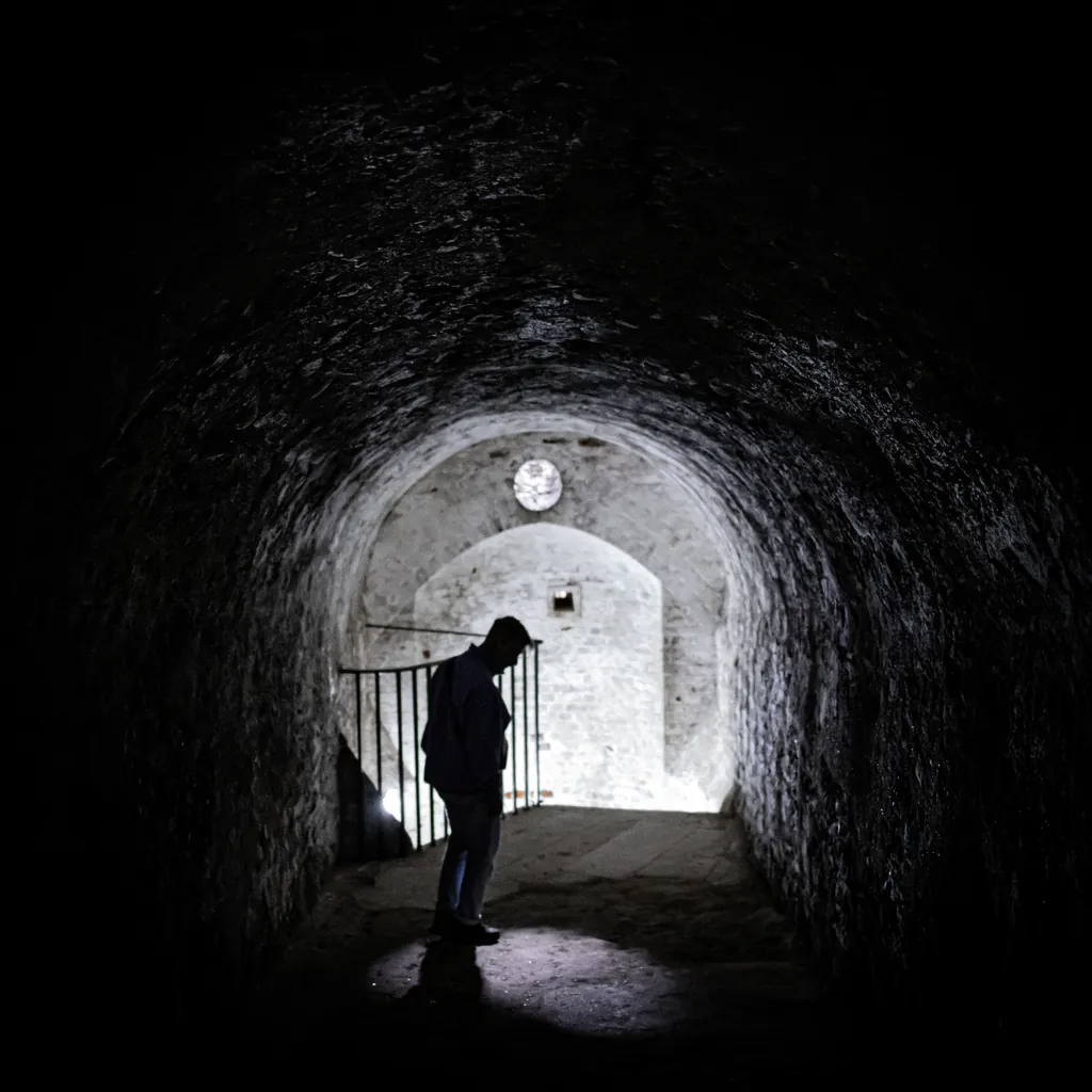 A silhouette in a dark stone tunnel with light at the far end