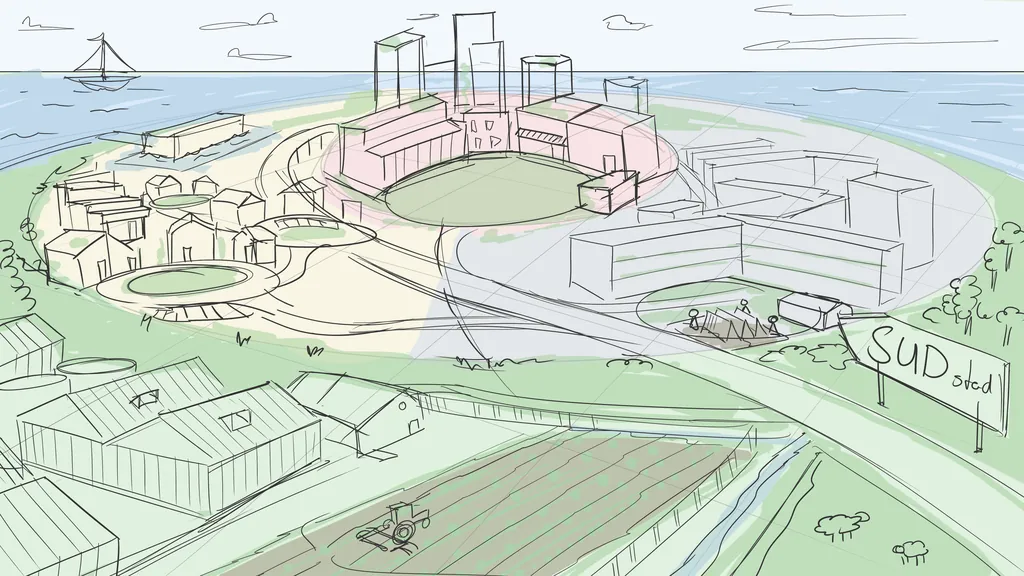 Concept sketch of a sustainable city by the water, with neighbourhoods, a greenhouse and a field