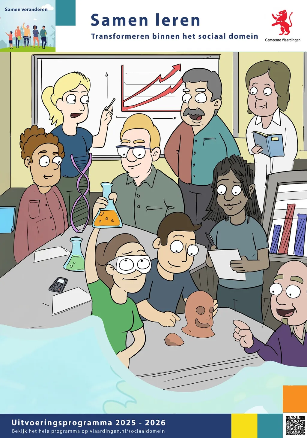The Samen leren sub-poster, with young and old experimenting together in a classroom