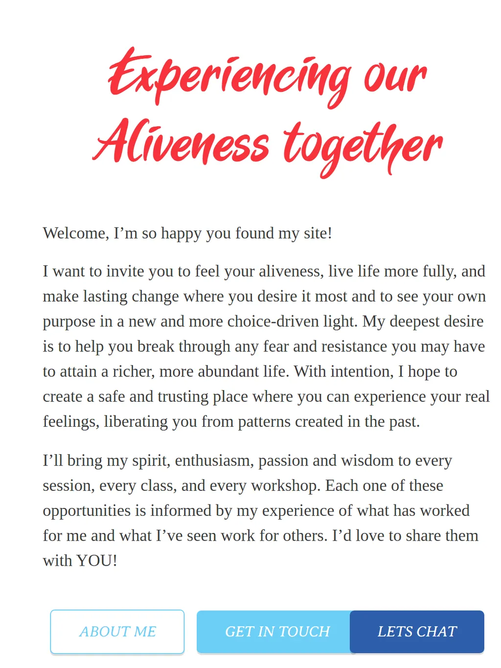The welcome text on alivewithami.com, under the red heading Experiencing our Aliveness together