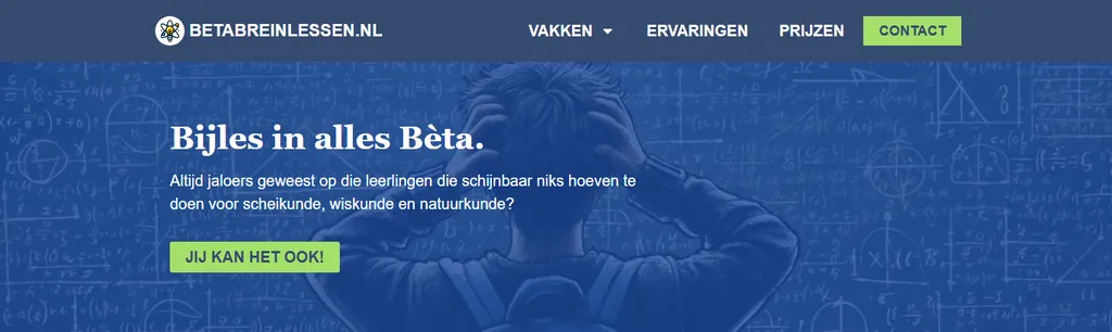 Home page of betabreinlessen.nl with the headline Bijles in alles Bèta