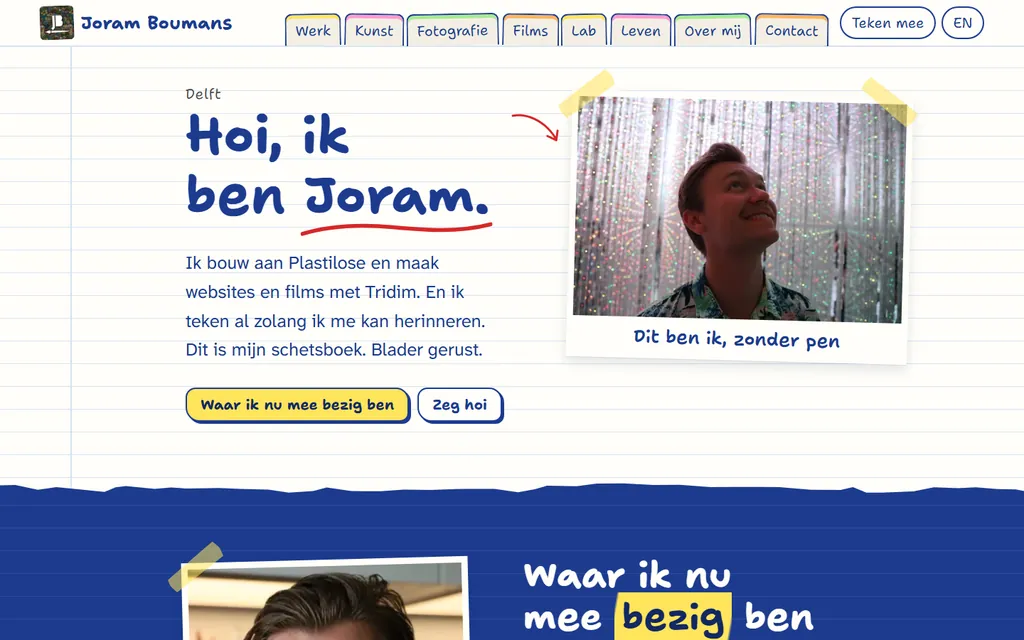 This site, jboumans.nl, with Hoi, ik ben Joram on ruled paper
