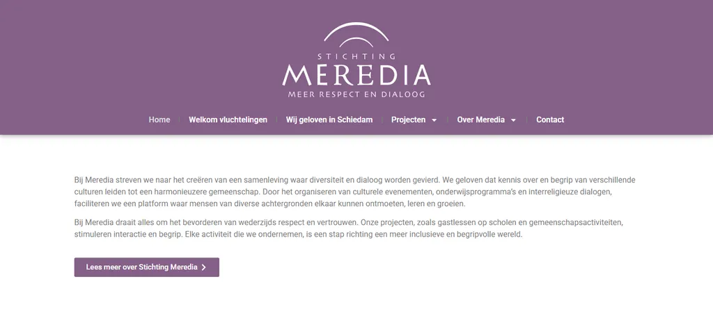 Home page of meredia.nl with the purple Stichting Meredia logo