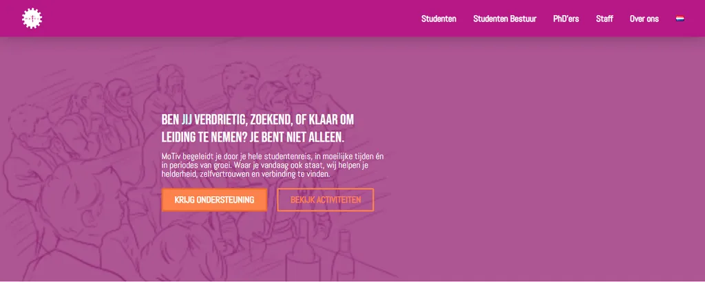 Home page of MoTiv TU Delft with a drawn group of students on a pink background