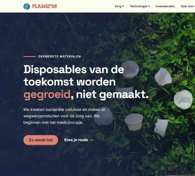 Home page of plastilose.nl with cups in the grass and the headline about disposables that are grown, not made