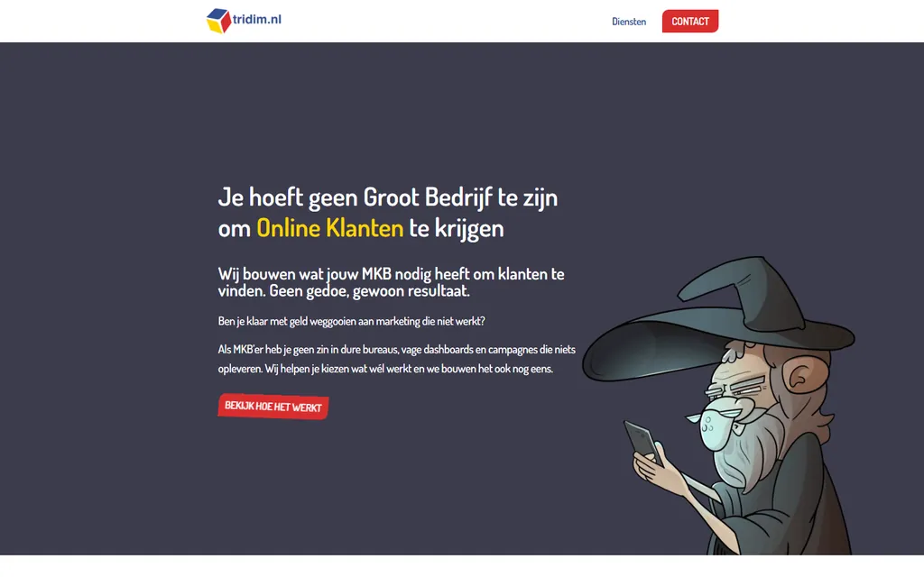 Home page of tridim.nl with a drawn wizard looking at his phone